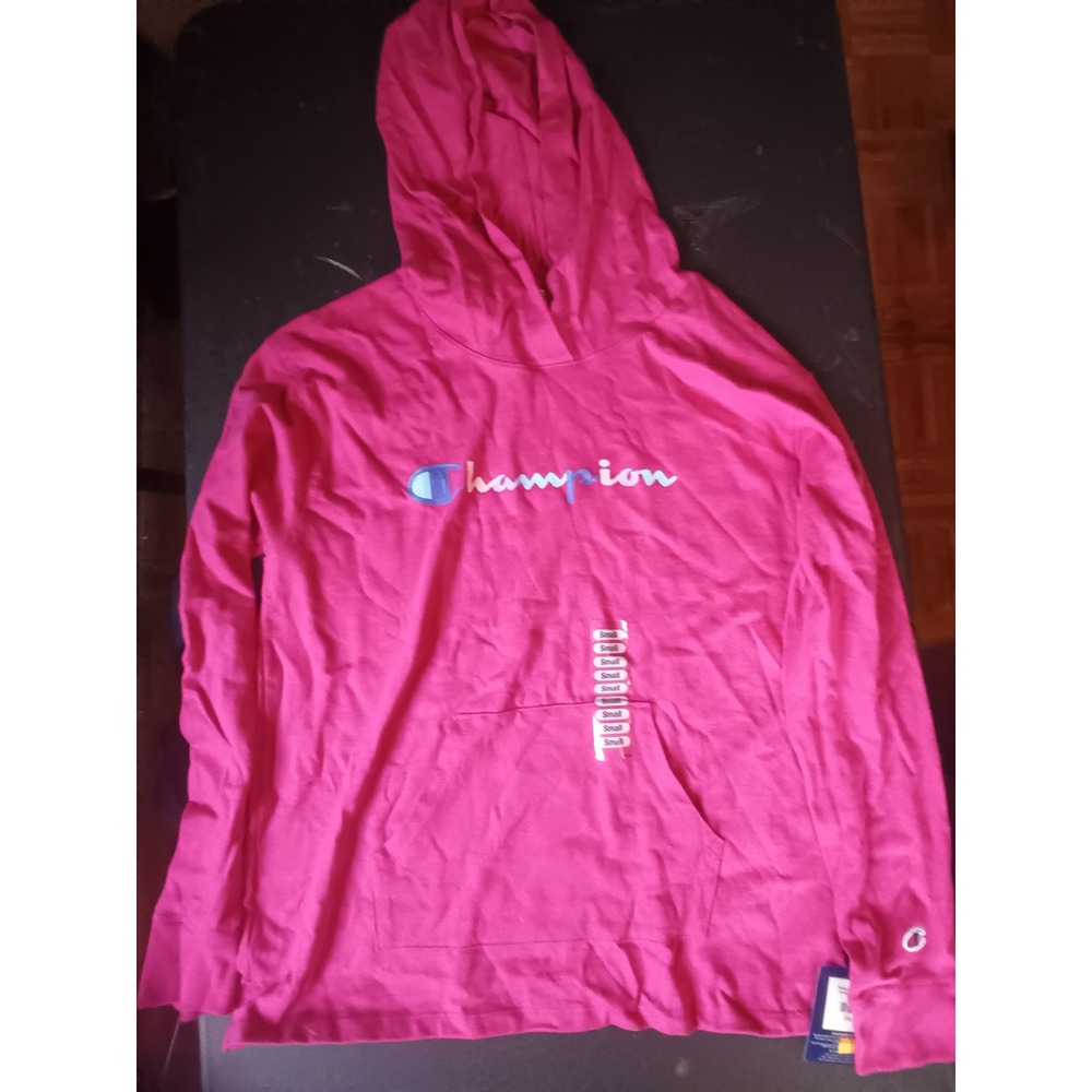Champion Hooded T-Shirt Womens Small Pink NWT Script Logo Long Sleeve Activewear